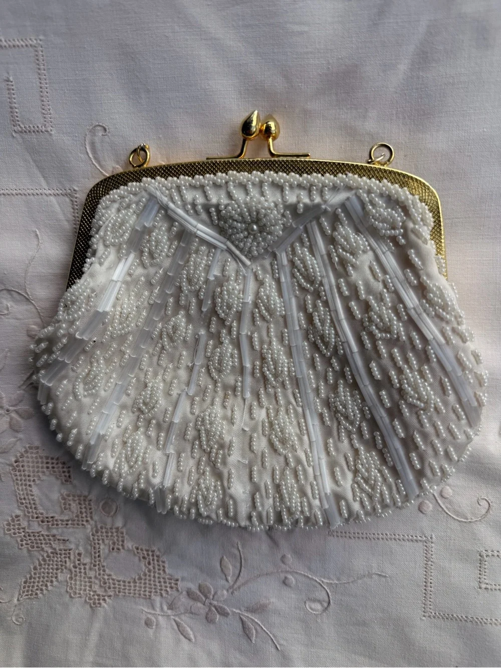 American Vintage White Beaded Evening Clutch with Gold Frame